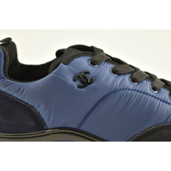 Chanel 21A Mens Blue Black White CC Logo Lace Up Low Top Trainer Sneaker 44 11 - Picture 3 of 7
